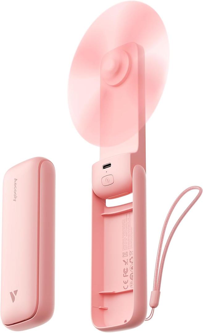 Aecooly Slim Handheld Fan, Mini Thin Portable Fan, Small Rechargeable Pocket [24H Max Cooling Time], Battery Powered Foldable Personal for Travel, Summer, Gifts for Women, Girls -Pink (1 Pack without Mirror)