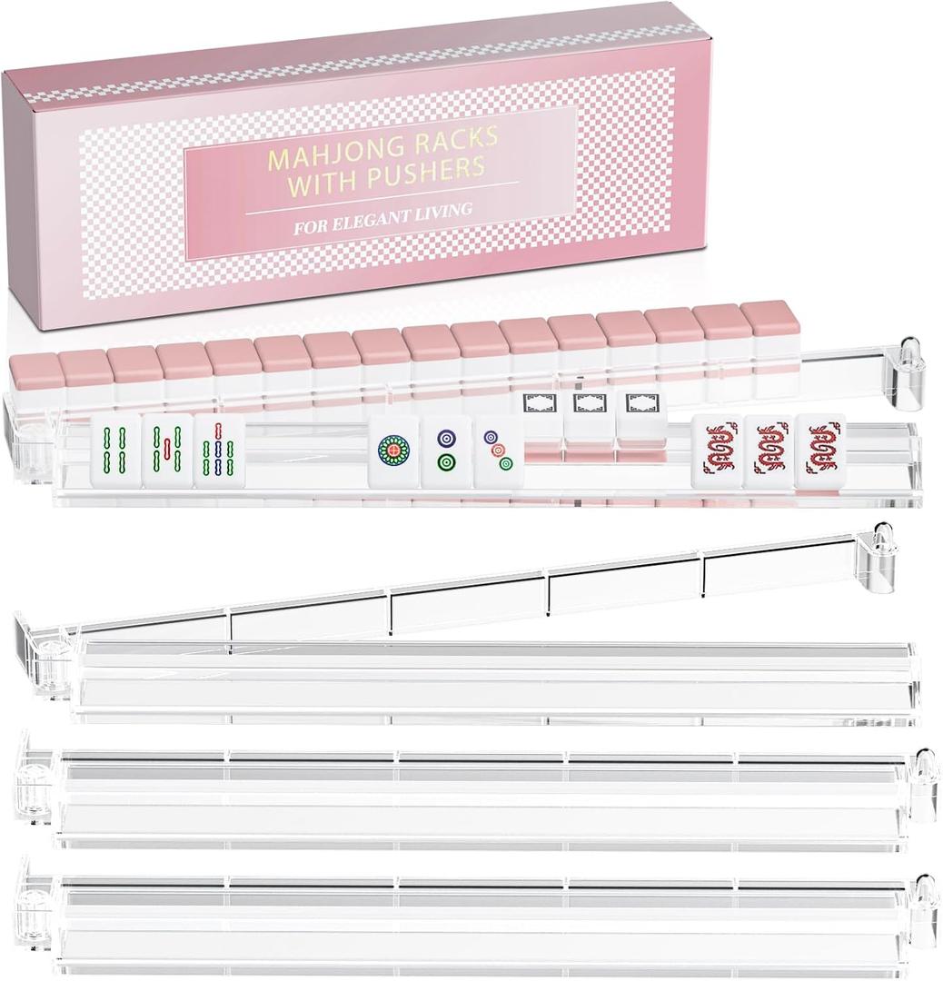 Mahjong Racks with Pushers, 4-Pack Clear Acrylic Racks with Mahjong Line Reader American Mahjong Accessories, Gift-Ready Mahjong Gifts (Clear)