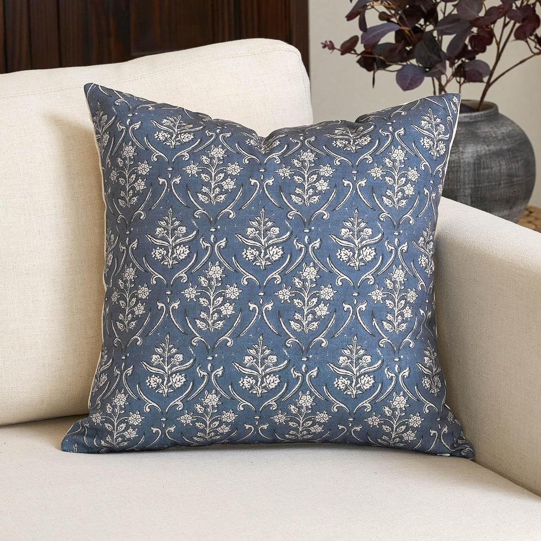 Amor Virisso Floral Pillow Covers 18x18 Inch Farmhouse Block Print Pillow Cover Accent Square Neutral Modern Decorative Throw Pillow Covers for Living Room Couch Bed Sofa Chair, Dusty Blue