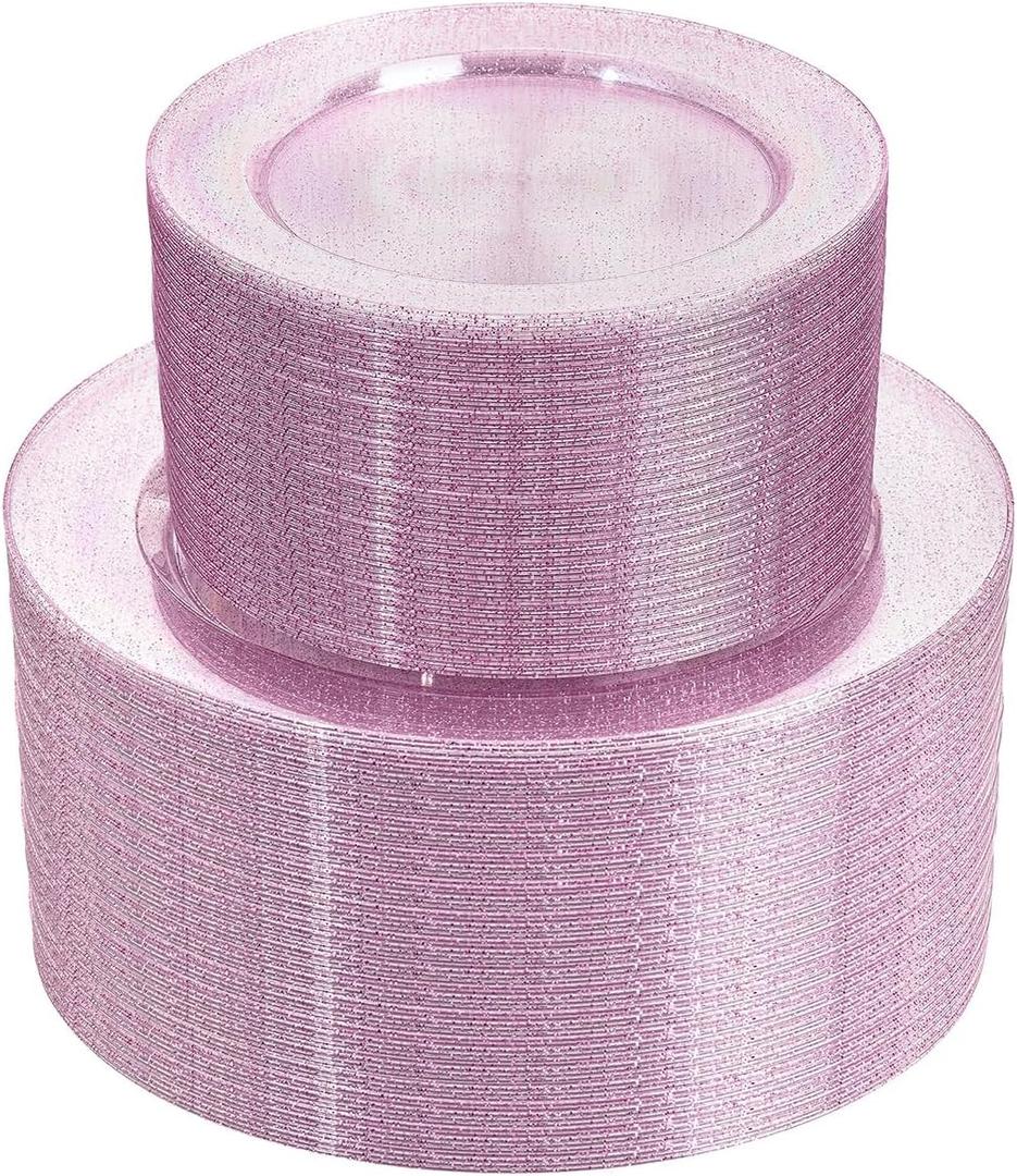 WDF 200PCS Pink Plastic Plates - Rose Gold Glitter Plastic Plates - Heavy Duty Pink Glitter Disposable Plates for Wedding Baby Shower Spring Birthday