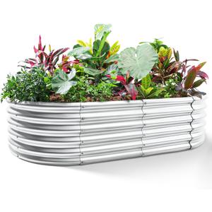 Land Guard Galvanized Metal Raised Garden Bed Kit, 8x4x1.5ft Large Planter Boxes Outdoor, Oval Gardening Box, Patio Garden Planter Box for Vegetables (Silver)