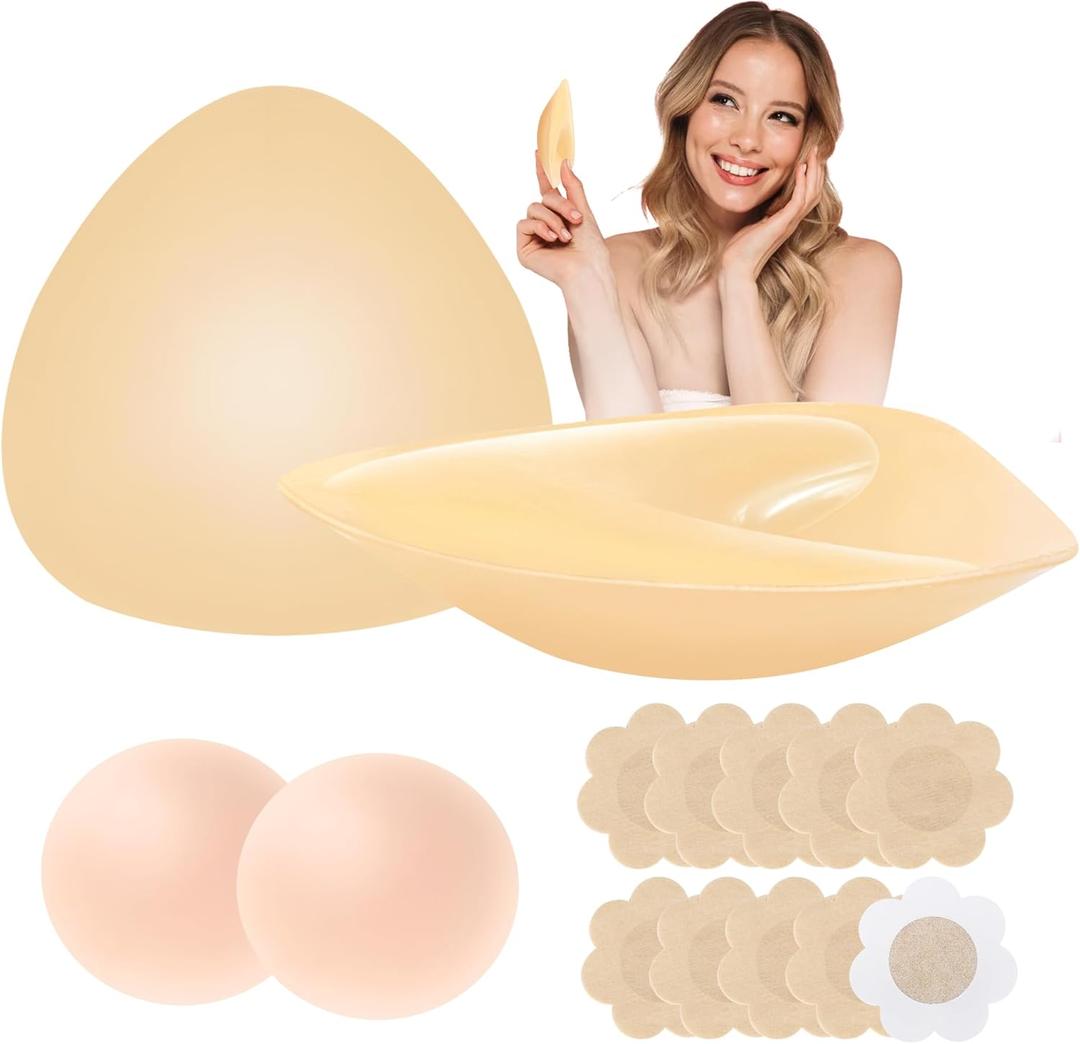 Sticky Bra Inserts - Soft Invisible Reusable Double Sided Sticky Bra for Women with Lift Support, Washable for Bikini, Swimsuit, Wedding, Strapless Dress, B, Beige