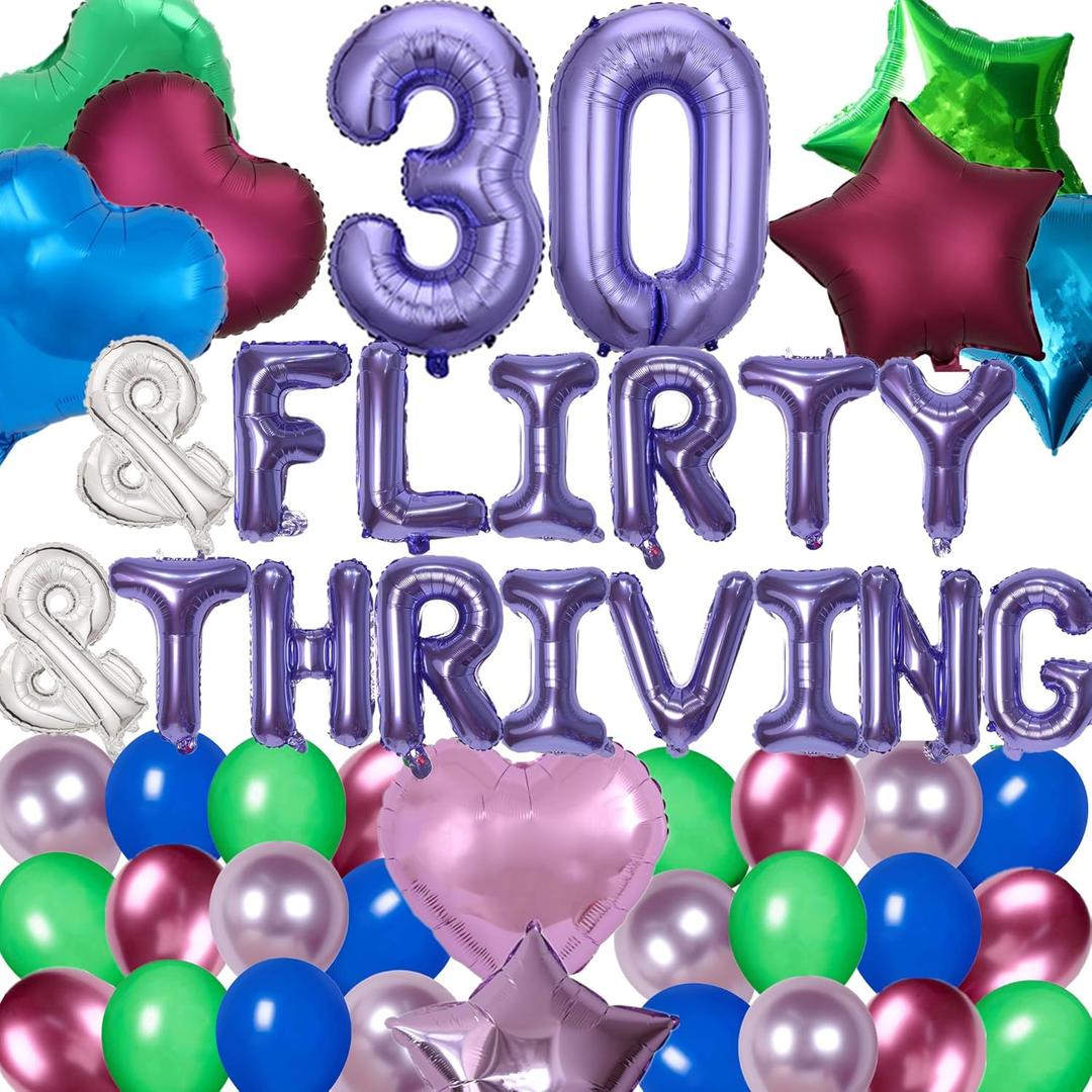 52 Pieces 30 & Flirty & Thriving Birthday Party Decorations 30th Birthday Banner Purple Number Balloons Heart Star Balloons Latex Balloons for Her 30 Years Old Party (Rose Red)