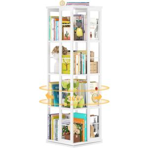 Aheaplus Rotating Bookshelf, 4-Tier Corner Bookshelf, 360 Display Wood Spinning Bookshelf, Floor Standing Bookcase Narrow Shelf Revolving Organizer Storage Rack for Small Space, Study Room, White