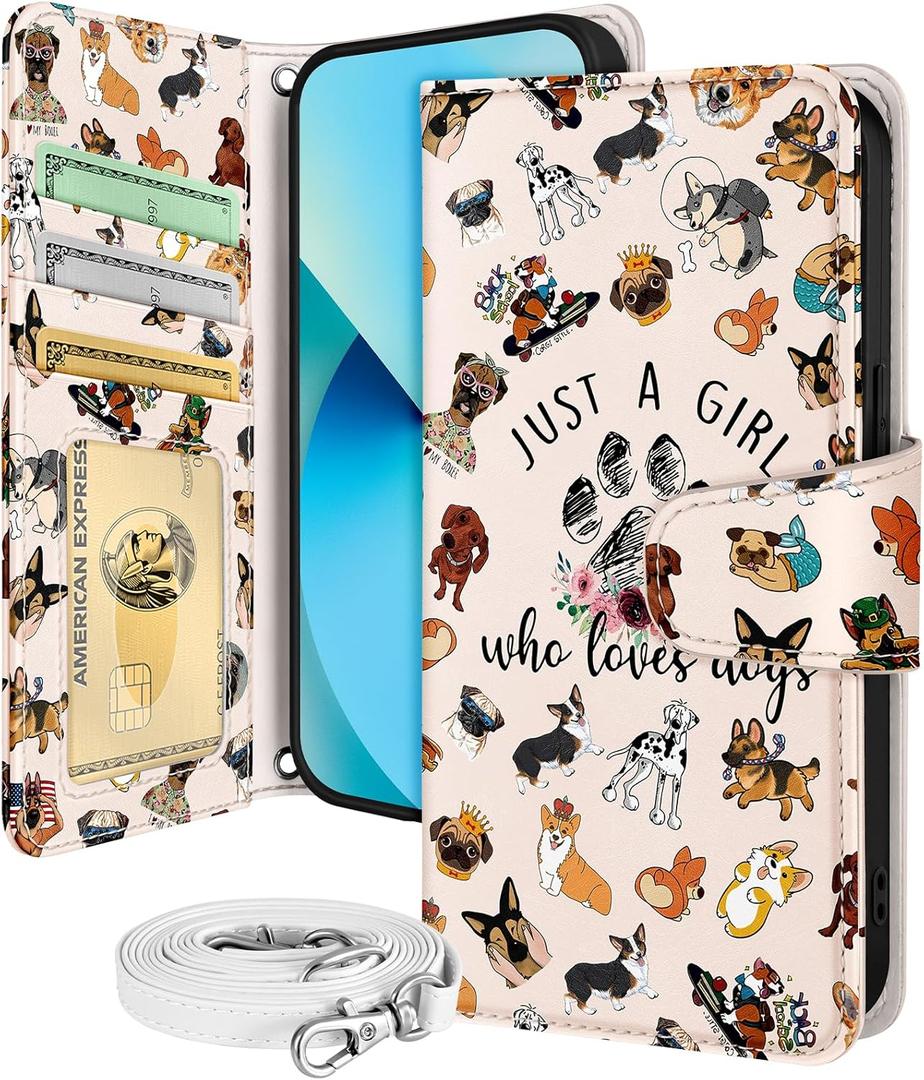 Buleens for iPhone 13 Wallet Case for Women - with Card Holder for iPhone 13 Flip Case Leather Crossbody Cute Aesthetic i Phone 13 Case with Strap Kickstand for Girls Girly, Little Puppy
