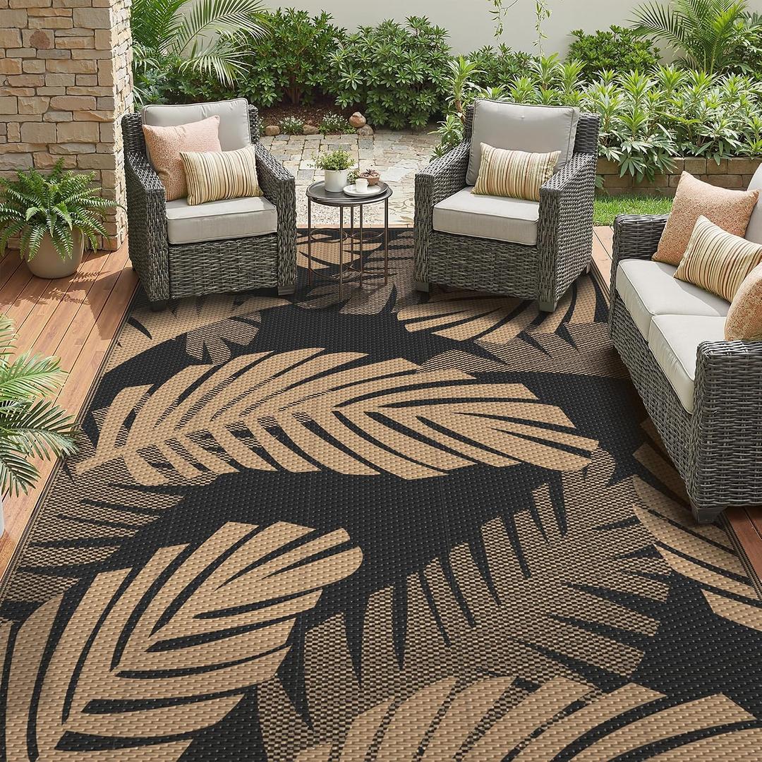 GENIMO Waterproof Outdoor Rug 9' x 12' for Patio Decor, Reversible Plastic Straw Area Rugs for Camping Clearance, RV Mat, Large Outside Carpet for Porch, Deck, Picni, Balcony, Garden, Black & Brown