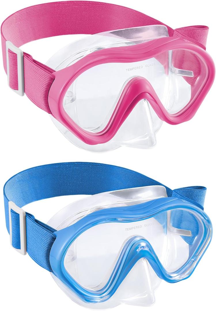 Aegend Kids Swim Goggles Snorkel Diving Mask for Kids Youth 3-15, Knitted Fabric Strap, Anti-Fog 180 Clear View (2 Pack-blue & Rose Red)
