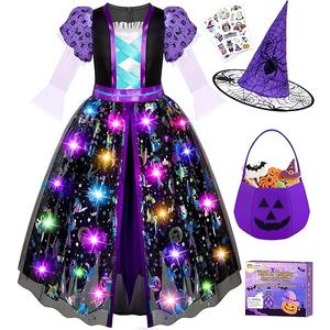 Jeowoqao Light Up Witch Costume for Girls, Witch Dress Up Halloween Costume for Girl Kids 5 6 7 8 Halloween Role Play Set with Witches Hat Trick or Treat Bag