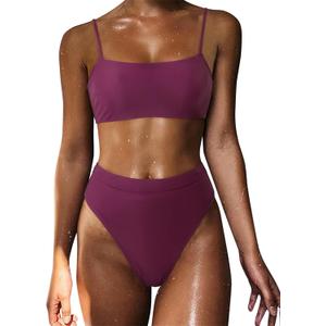 MOSHENGQI Women High Wasited Bikini Shoulder Strap 2 Piece High Cut String Swimsuits (Medium, 33 Wine Red)