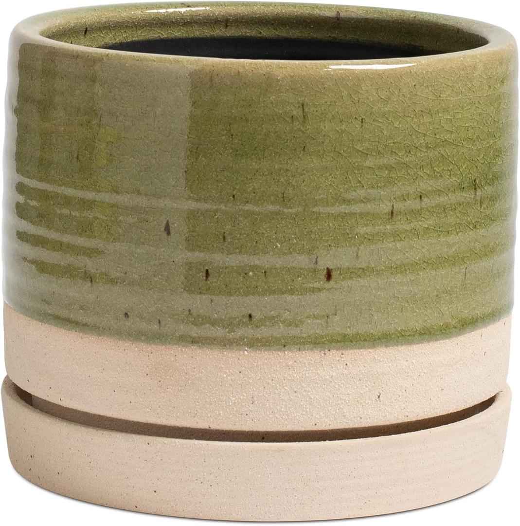8 Inch Pots for Plants, Ceramic Planter Pot with Drainage Hole & Saucer, Indoor/Outdoor Cylinder Round Planter Pot, Green & Beige (Medium)
