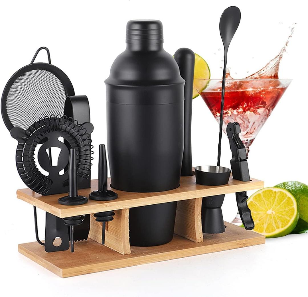 Bartender Kit 11-Piece Cocktail Shaker-Muddler for Cocktails 25oz Boston Shaker-Bar Accessories with Stylish Bamboo Stand Mix Drink Shaker kit Perfect Martini kit with Cocktail Recipes Booklet (Black)