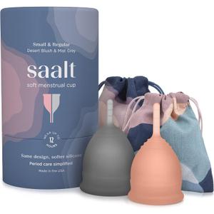 Saalt Soft Menstrual Cup  Reusable Period Cup  Made for Comfortable, Leak-Free Protection Up to 12 Hours  BPA & Latex Free  Includes Cup & Carry Bag (Regular Grey/Small Desert Blush)