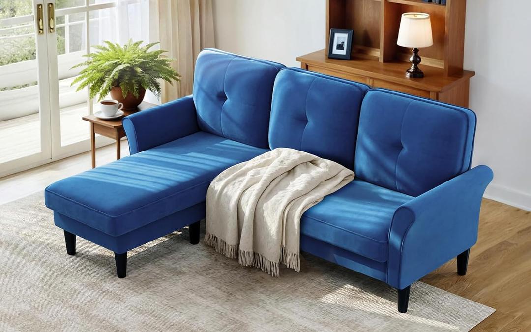 Sofas for Living Room, 83" Velvet Sectional Couch with Moveable Ottoman, Midcentury Modern Small Sectional Couch, L Shape Sofa & 3 Seater, Couches for Living Room, Apartment, Bedroom, Blue