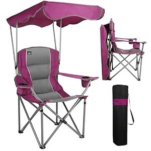 Folding Camping Chairs with Canopy Shade, Beach Chair w/Cup Holders, Armrests & Carry Bag for Outdoors Travel Sports Fishing, Purple