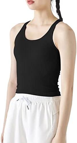 Ribbed Workout Short Racerback Tank Tops for Women with Built in Bra, M