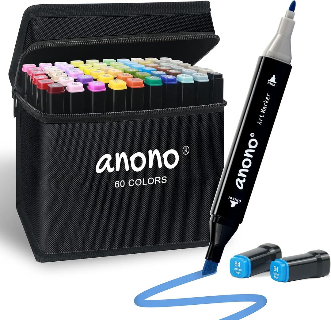 anono 60 Colors Alcohol Markers Set, Coloring Markers with Chisel and Fine Tips, Includes Carrying Case, Suitable for Book Painting and Coloring, Black Barrel