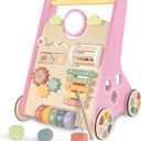 LOL-FUN Wooden Baby Walker With Wheels for Girls 12 Months - Pink Push Toy for 1 Year Old Walking