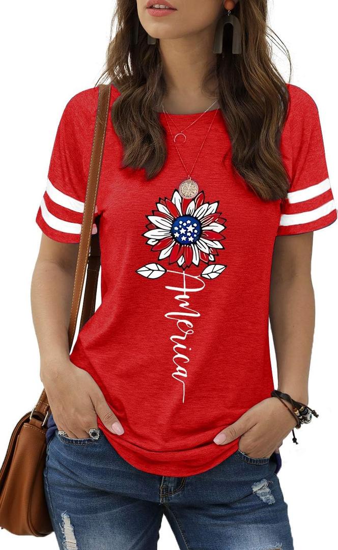 American Flag Shirts for Women 4th of July T-Shirt USA Flag Patriotic Shirt Stars and Stripes Summer Tees (XX-Large, 6 Red)