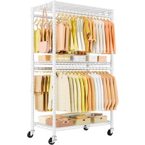 ULIFHOME P5 Rolling Clothes Rack Heavy Duty, Clothing Racks for Hanging Clothes, Metal Garment Rack with Wheels, 3-Tier Portable Closet Rack 39.4'' W 20.5'' D 80.5'' H, Max Load 650 Lbs, White