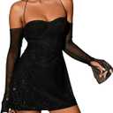 Parthea Womens Sexy Dress Sequin Sparkly Glitter Dress Off Shoulder Long Sleeve Party Club Going Out Mini Dresses (2-4, Black)