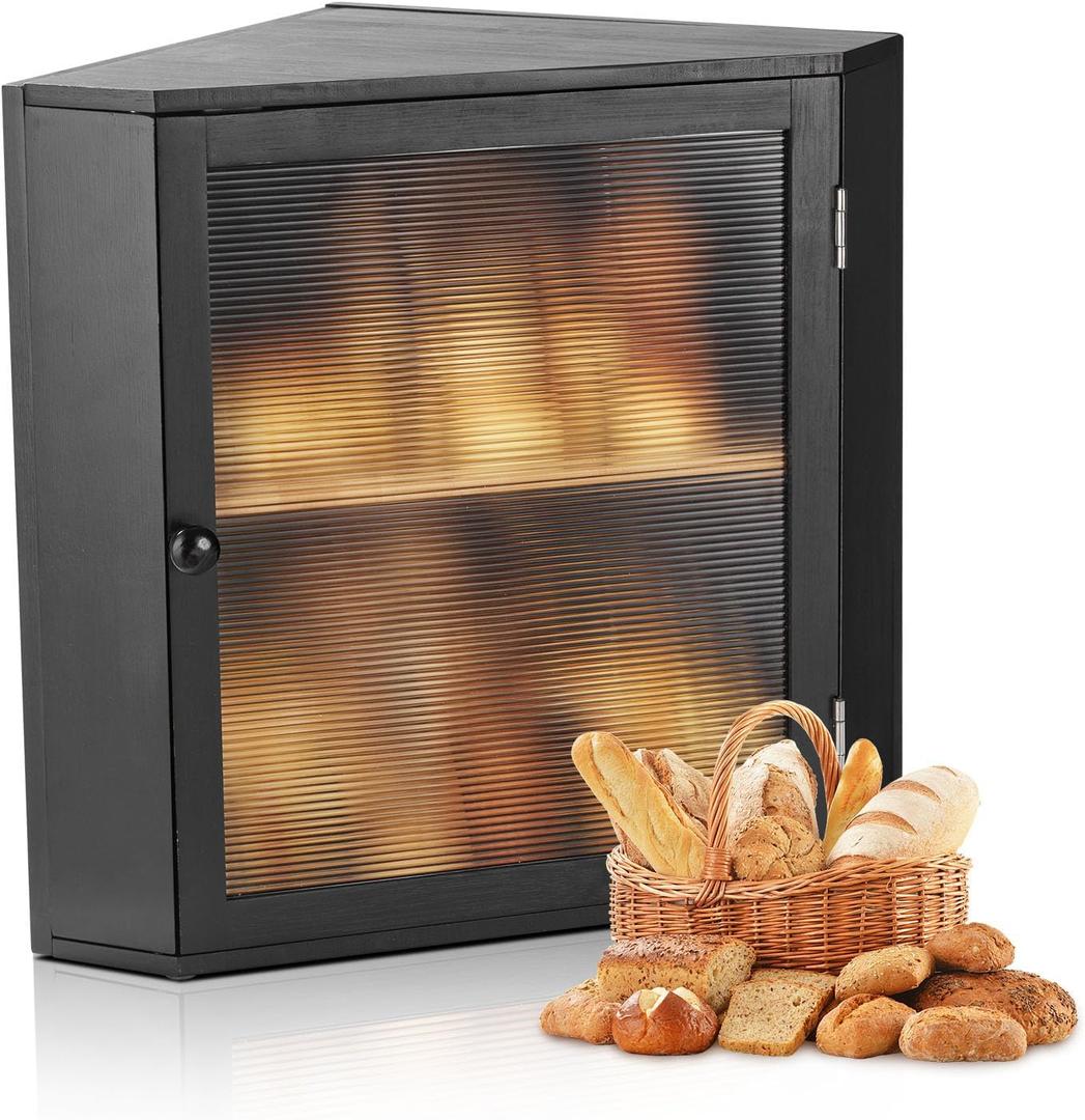 VEVOR Corner Bread Box for Kitchen Counter, Double Layer Large Capacity Bamboo Bread Storage Container, Farmhouse Wooden Breadbox for Homemade Bread, Storage Holder Bin with Acrylic Wavy Door, Black