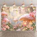7x5ft Pink Mushroom House Forest Backdrop Glitter Fairy Tale Wonderland Flower Butterfly Lamp Photography Background Kids Birthday Party Decor Photo Booth Banner