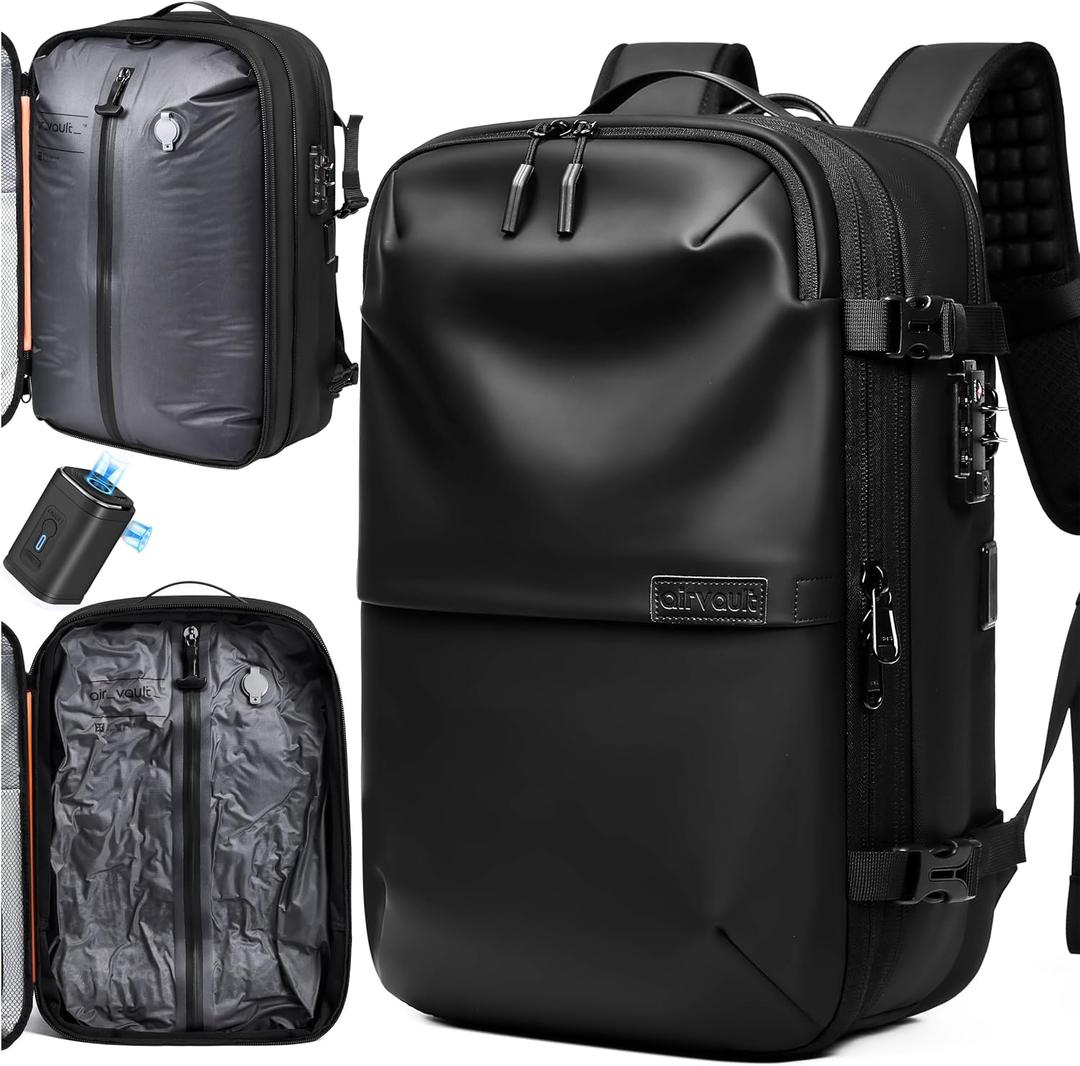 AirVault Vacuum Seal Travel Backpack 60L with Expandable HyperSeal Air Compression Vacuum System Water Resistant TSA Lock (Vacuum Pump Included, Black, 60L)