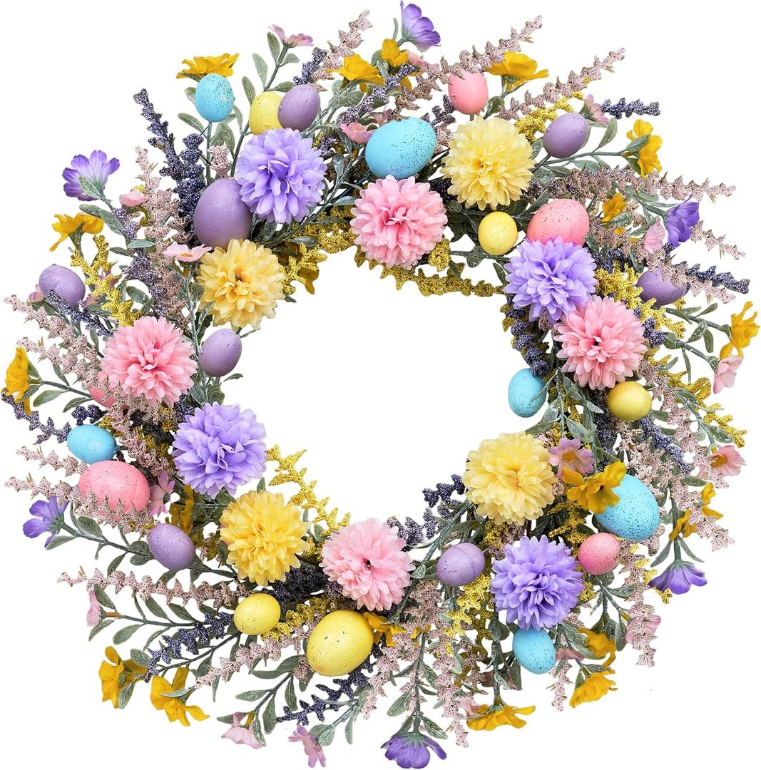 Easter Wreath 20 Inch Easter Wreaths for Front Door with Colorful Eggs Yellow Daisy Purple Lavender and Green Leaves Egg Wreath for Porch Window Farmhouse and Party Decoration