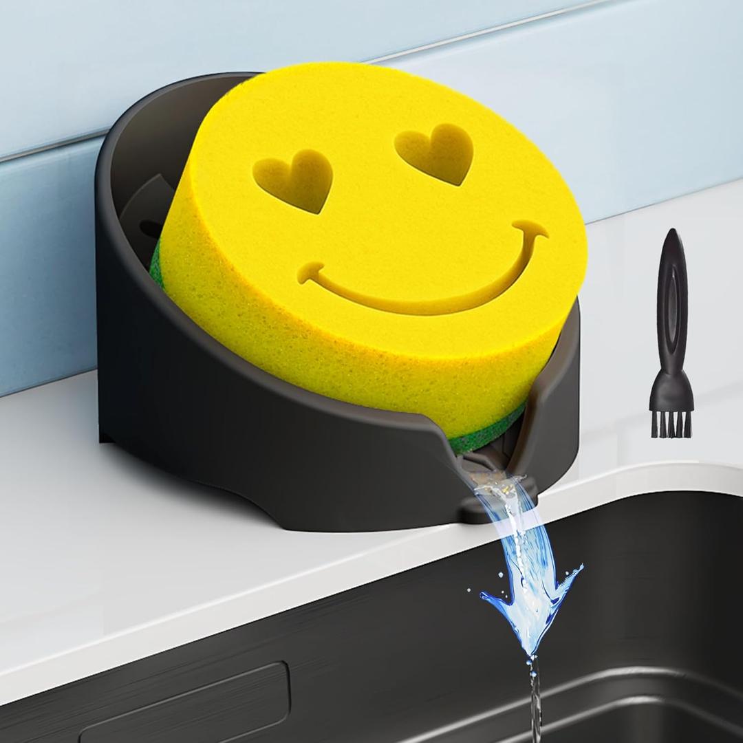 NiHome Silicone Sponge Holder Compatible with Scrub Daddy Mommy Sponges for Kitchen & Bathroom, Auto Draining Organizer, Holds Multiple Sponges & Cleaning Tools, Food-Grade, Dishwasher Safe (Black)