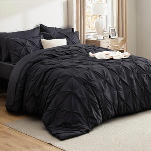Bedsure California King Comforter Set Black - Bed in a Bag California King Size 7 Pieces, GentleSoft Pintuck Bed Set Gift for Family, Pinch Pleat Black Comforter with Sheets, Pillowcases & Shams (04 - Black)