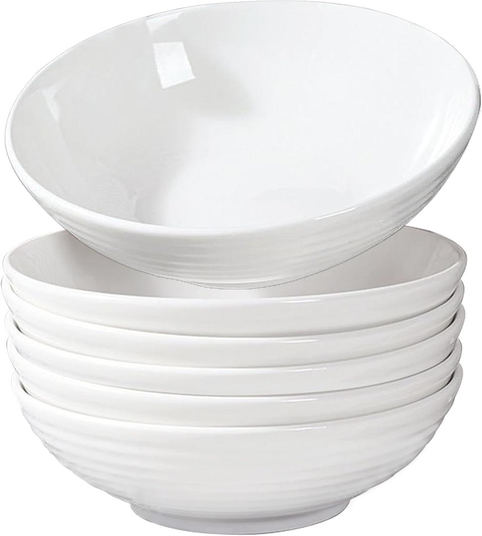 6 Pack White Ceramic Bowls, 7 Inch Wide Shallow Serving Bowls for Pasta, Salad, Soup and Entertaining, Chip Resistant, Microwave and Dishwasher Safe, Cereal Ice Cream Bowls