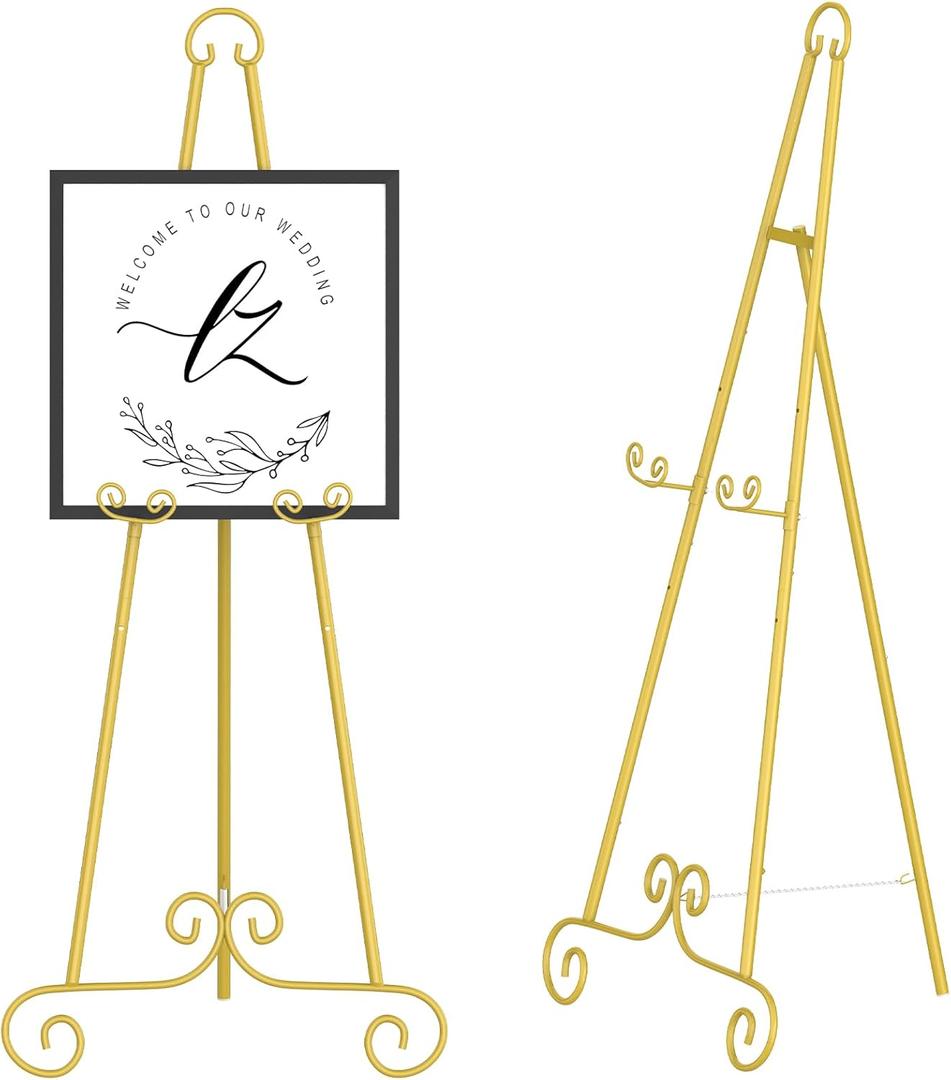 Display Easel, Metal Round Tube Scroll Vintage Gold Decorative Adjustable Floor Standing Easel with Chain Support, Perfect for Showcasing Pictures, Artwork, Picture Frame Wedding Sign Etc