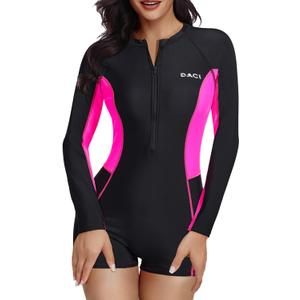 Daci Women Long Sleeve Rash Guard One Piece Boyleg Swimsuit Zipper Surfing Bathing Suit UPF 50+ (Large, Black Pink)