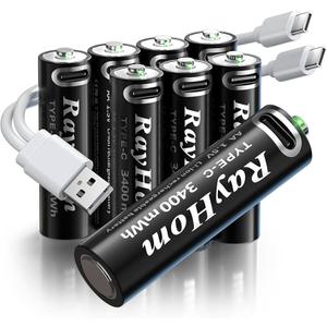 USB Rechargeable AA Lithium Batteries - 8 Pack Double A Li-ion Batteries, 1.5V 3400 mWh, Charges 1.5 Hours, with 2 USB-C 2-in-1 Charging Cable, Over 1000+ Cycles