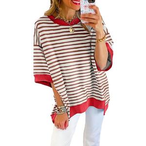 SHEWIN Womens Tops Casual Short Sleeve Sweatshirt Crewneck Striped Shirt Pullover T Shirts Loose Blouses, Brown Stripe, L
