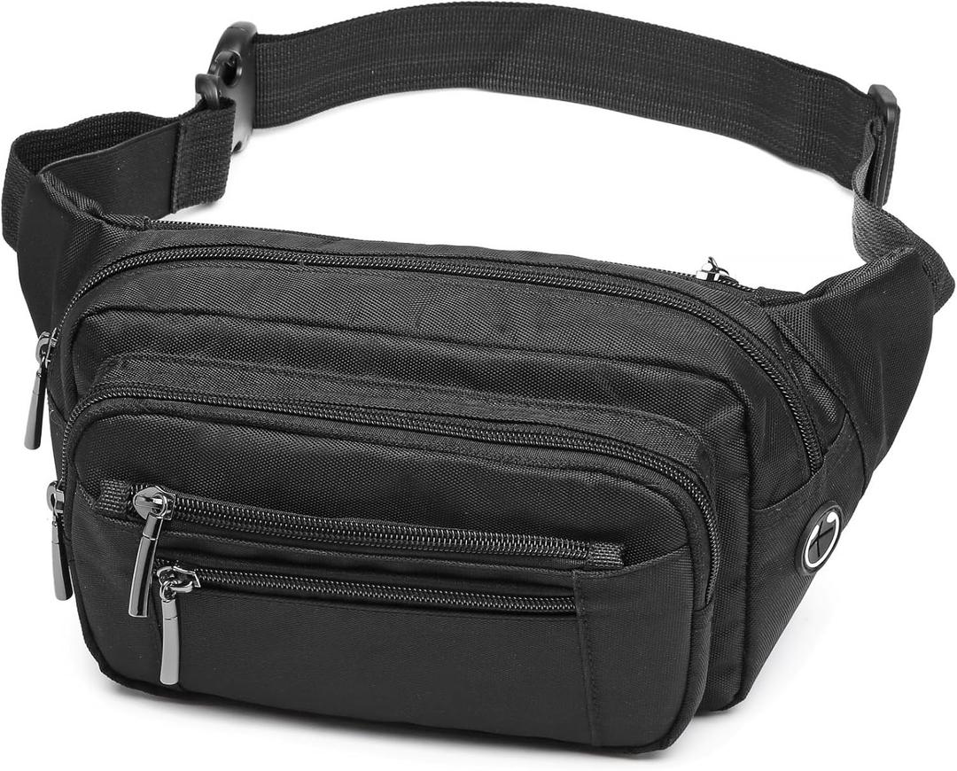 Packism Fanny Packs for Women Men - 6 Pockets Large Crossbody Waist Bag with Adjustable Strap Belt Bag for Travel Running Hiking (A01 Black)