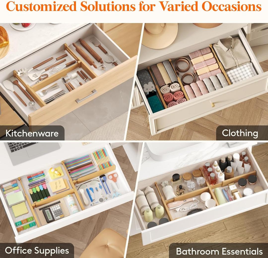 Lifewit 8 Pack 4.65'' High Adjustable from 12.5-17‘’ Bamboo Drawer Dividers for Clothing Baby Clothes, Wooden Separators for Dresser Nursery Organization with Soft Foam Ends