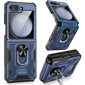 VEGO for Galaxy Z Flip 5 Case, Samsung Z Flip 5 case with Screen Protector & Hinge Protection, 360 Ring Kickstand, Full Body Protective Cover Case for Samsung Flip 5 2023 - Navy Blue