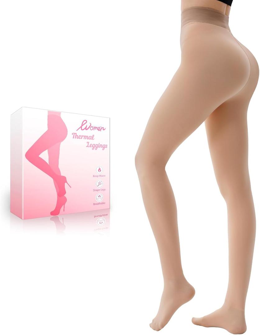 HONGTEYA Fleece Lined Tights Women Winter Thermal Leggings Pantyhose Fake Translucent Thick Warm Sheer Tights (Small, Opaque Skin)