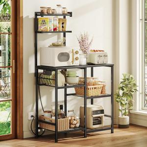 Huuger 31.5 Inch Bakers Rack with Power Outlets, Kitchen Microwave Stand with Storage, Coffee Bar with 4 Hooks, 3-Level Height Open Shelves, Black