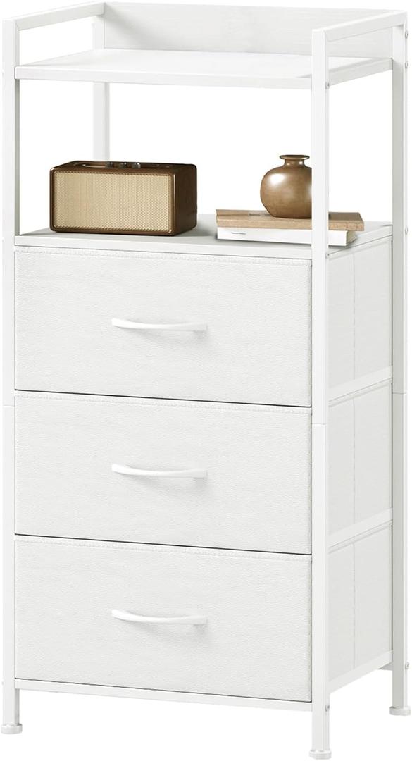 Somdot Nightstand with 3 Drawers, Dresser with Fabric Bins for Bedroom, Hallway, Entryway, Night Stand Bedside Table Furniture, Sturdy Steel Frame, Wooden Top, Easy Pull Fabric Bins, White Leather, Size: 11.4"D x 15.2"W x 30.6"H (3 Drawers)