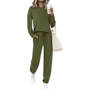 PRETTYGARDEN Womens 2 Piece Matching Lounge Sets 2025 Fall Long Sleeve Boatneck Sweatsuit Drawstring Sweatpants Pockets (Medium, Army Green)