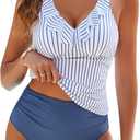 Women's Ruffle Two Piece Swimsuits Tummy Control Tankini V Neck Bathing Suits Modest Swimwear (Blue, XL)