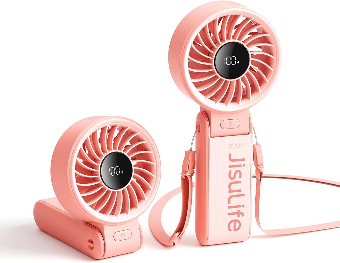 JISULIFE Handheld Fan Life7  Ultimate Flexibility: High-Power Motor, LED Display, 13 Hrs Cooling, 3600mAh Rechargeable, 5-Speed, Foldable Design, 3-IN-1 Portable Fan for Travel Cruise Beach(Pink)