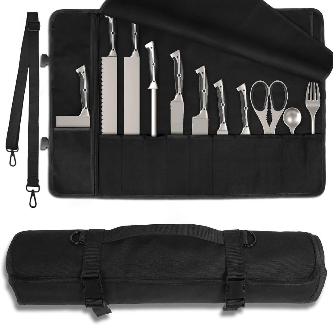 Upgraded Chef Knife Roll Bag, Waterproof Waxed Canvas Knife Case Holds Size Up to 18'', Portable Knife Holder with 11 Slots for Knives with Adjustable Strap, Gift for Beginner or Pro (Black)