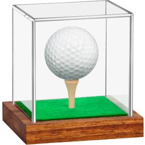 Hooqict Golf Ball Display Case Clear Acrylic Golf Ball Memorabilia Display Case with Wood Base and Grass Pad Ball Holder Stand Display Cube Single Golf Collection Box