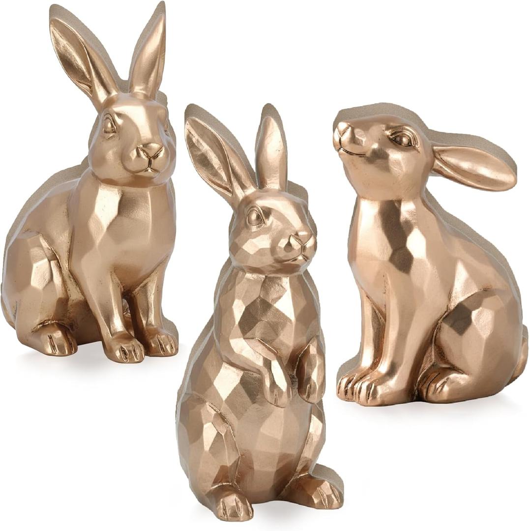 DoubleFill 3 Pcs Gold Wooden Bunny Figurines Vintage Rabbit Statues Easter Bunny Statue Table Decoration for Spring Tabletop Decor Easter Gifts Home Office Decor Party Supplies