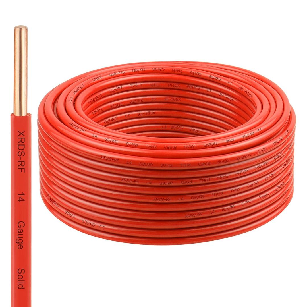 THHN Wire 100 FT, Single Bare Copper Conductor, 14AWG Red Electrical Wire, Solid Building Wire 600V Nylon Sheath Cable for Indoor/Outdoor Applications