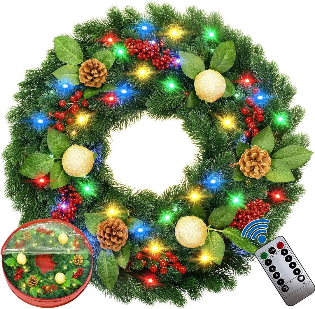 24 Inch Prelit Artificial Christmas Wreath with Lights,Lighted Xmas Wreaths for Front Door with 60 LED Battery Operated 8 Modes Remote Control Timer,Indoor Outdoor Wall Christmas Decorations
