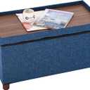 Ao Lei 30 Inches Storage Ottoman Bench, Storage Bench with Wooden Legs for Living Room Folding Ottoman Foot Rest Removeable Lid for Bedroom End of Bed, Linen Fabric Blue
